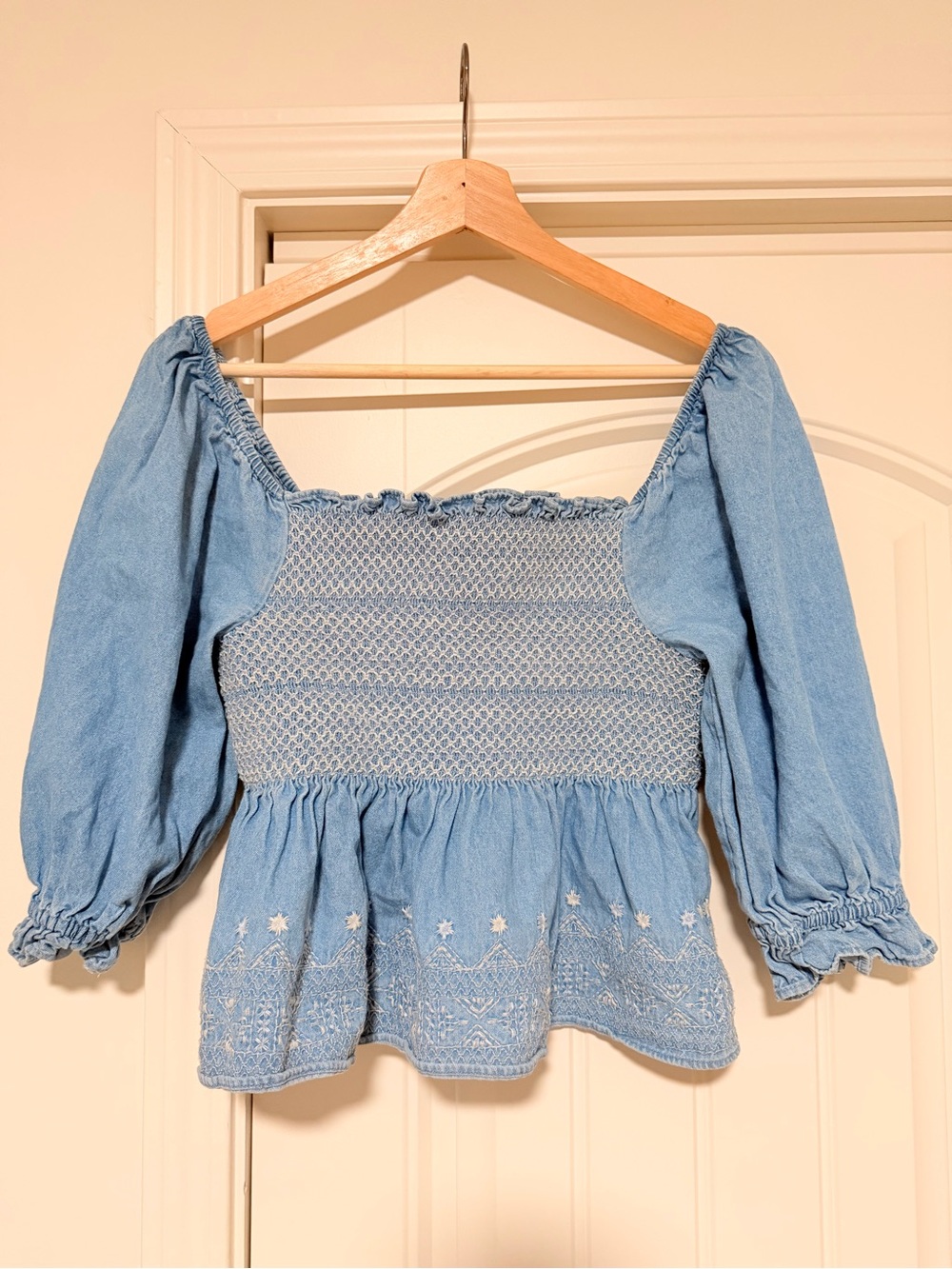 American Eagle Outfitters Light Blue Smocked Peasant Top